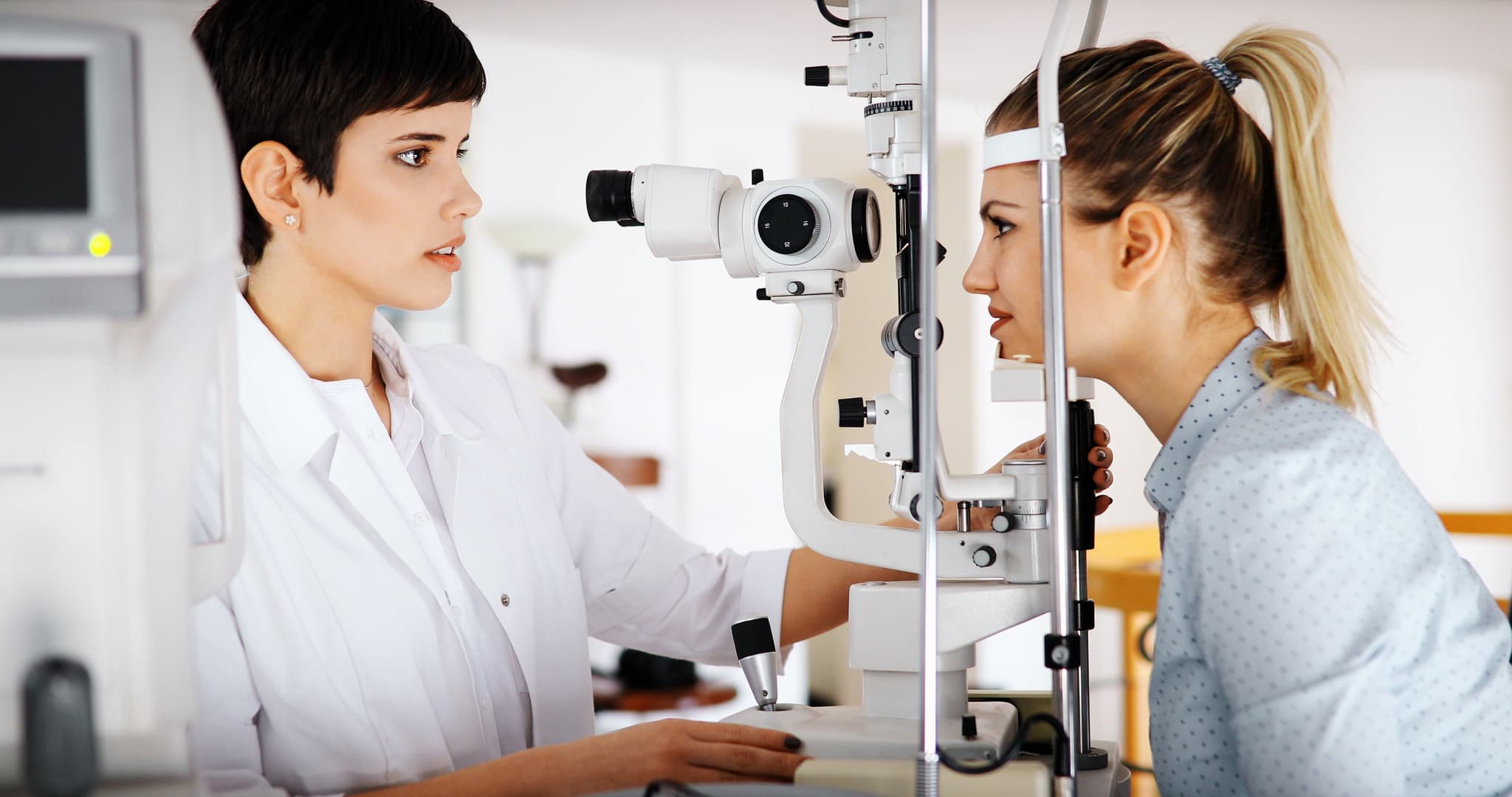Ophthalmology concept. Patient eye vision examination in eyesight ophthalmological clinic
